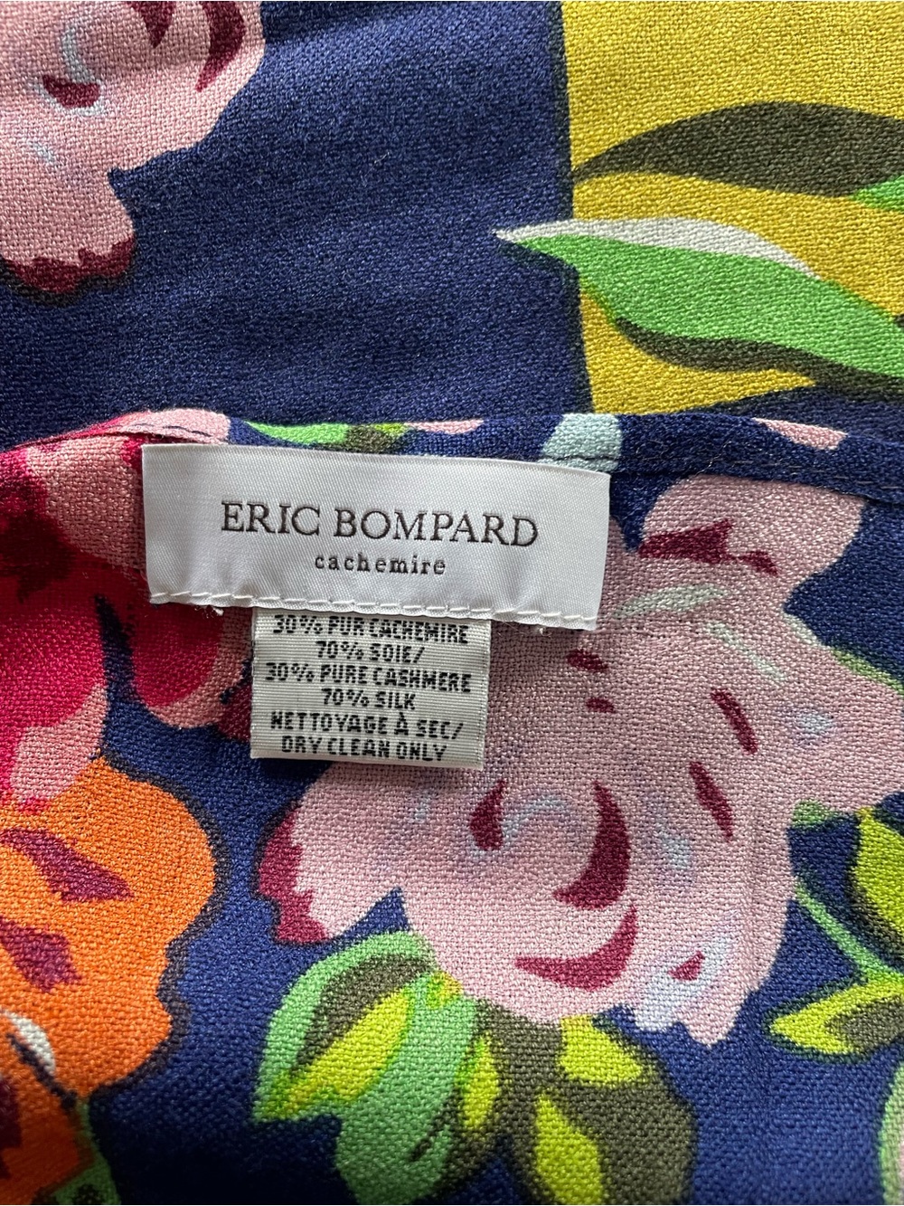 Eric Bompard Cashmere Silk Vintage Floral Square Scarf in Navy and Yellow - Picture 4 of 5